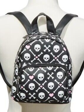 Claire's Faux Leather,Black Mini Backpack with White Skulls & Pink Hearts